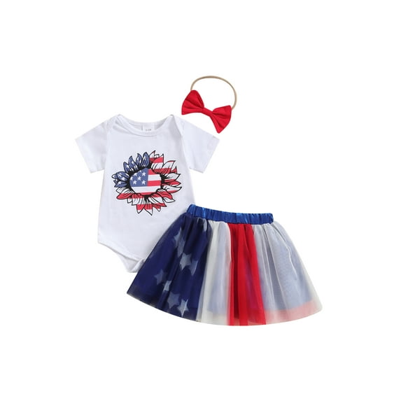 Nygoyerh 4th of July Baby Girls Skirt Sets Short Sleeve Flower Stripe Star Print Romper + Tulle Tutu Skirts + Headband 3M 6M 12M 18M Infant Toddler Sweet Summer 3Pcs Outfits
