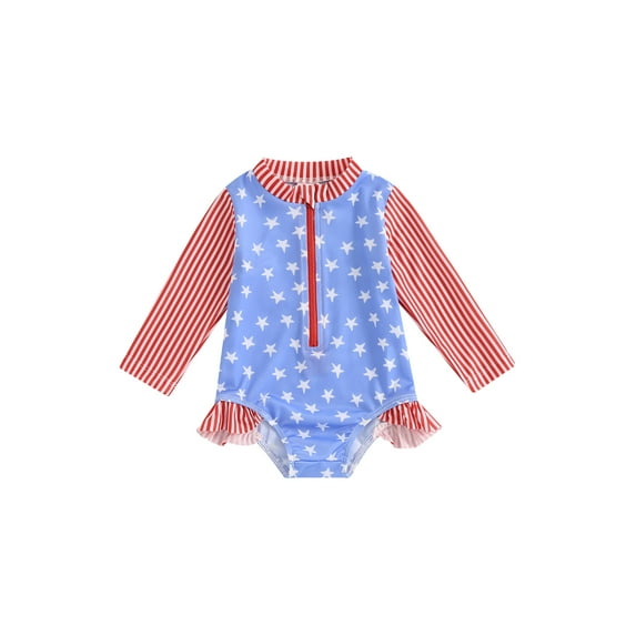 Nygoyerh 4th of July Toddler Baby Girls One Piece Swimsuit Striped Star Print Long Sleeve Zipper Rash Guard Romper Swimwear Infant Casual Summer Bathing Suit 3M-3T