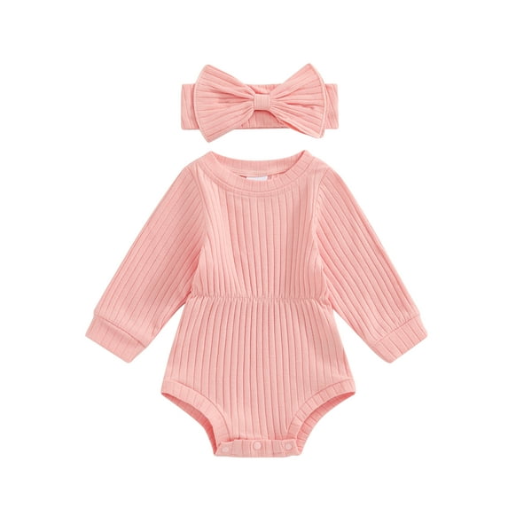 Nygoyerh Baby Girl Fall Outfits 3M 6M 9M 12M 18M Solid Color Bodysuits Crew Neck Long Sleeve Jumpsuit Ribbed Romper with Headband 2 Piece Set Newborn Baby Clothing