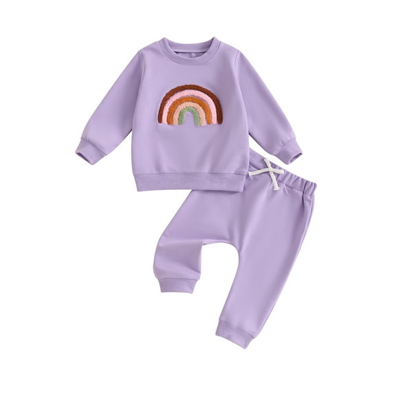 Nygoyerh Baby Girls 2-piece Outfits Embroidery Rainbow Bodysuits Long Sleeve Playwear Crew Neck Tops with Elastic Waist Sweatpants Newborn Infant Clothing for Fall
