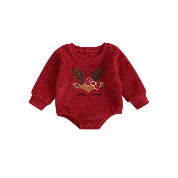 Nygoyerh Baby Girls Boys Christmas Fleece Jumpsuit Elk Embroidered Round Neck Long Sleeve Romper Adorable Bodysuits nfant Clothing for Fall 3M 6M 12M 18M 24M