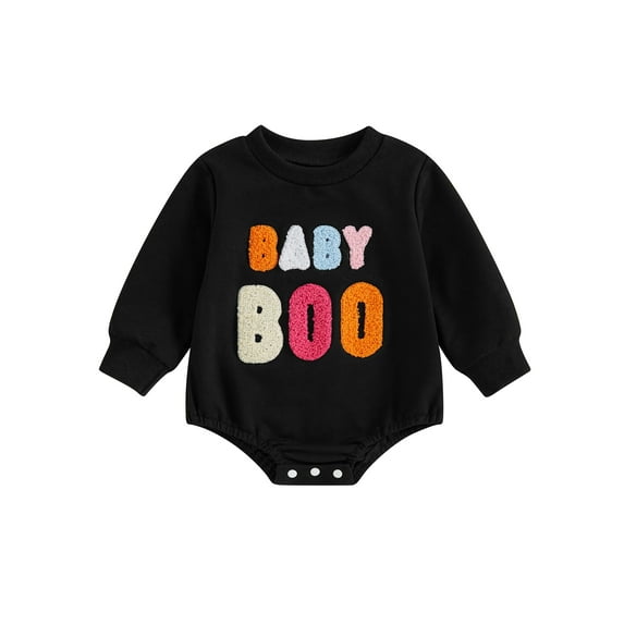 Nygoyerh Baby Girls Boys Halloween Romper Newborn 3M 6M 12M 18M Letter Embroidery Sweatshirt Long Sleeve Crew Neck Outfits Casual Jumpsuit Infant Clothing