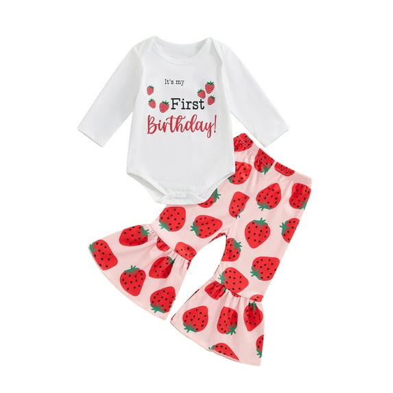 Nygoyerh Baby Girls Cute One Birthday Outfit Strawberry Letter Print Long Sleeve Romper with Flare Pants 2Pcs Infant Toddler Casual Long Pants Sets for Spring Fall 0-18M