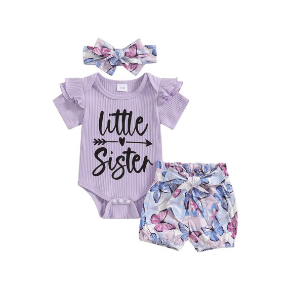 Nygoyerh Baby Girls Cute Summer Outfits 3M 6M 12M 18M 24M Letter Print Short Sleeve Romper + Flower Print Belted Shorts + Headband 3Pcs Infant Toddler Sweet Shorts Sets