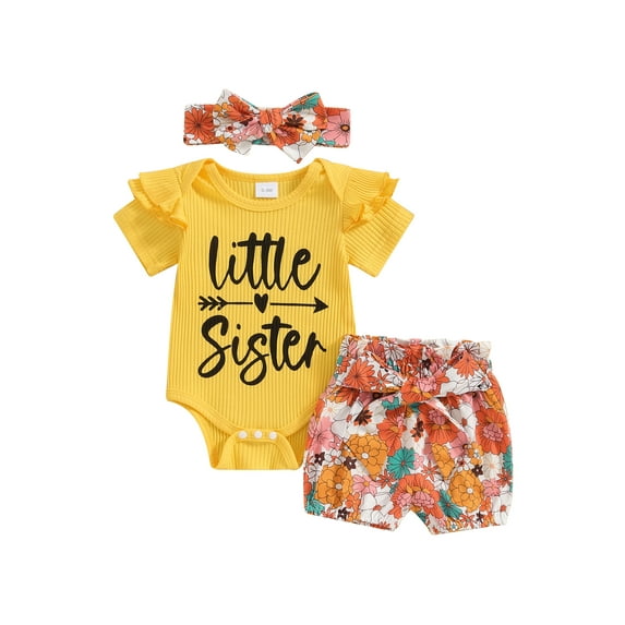 Nygoyerh Baby Girls Cute Summer Outfits 3M 6M 12M 18M 24M Letter Print Short Sleeve Romper + Flower Print Belted Shorts + Headband 3Pcs Infant Toddler Sweet Shorts Sets