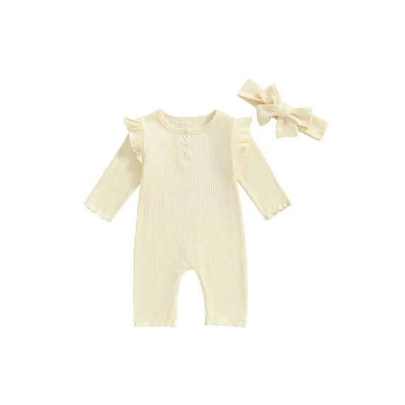 Nygoyerh Baby Girls Fall Rompers 3M 6M 12M 18M Long Sleeve Crew Neck Playsuit Solid Color Bodysuits Buttons Jumpsuit + Headband 2PCS Sets Newborn Infant Clothing