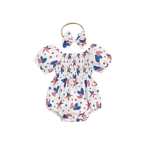 Nygoyerh Baby Girls Independence Day Romper Butterfly/Heart Stars Print Short Puff Sleeve Jumpsuit Newborn Infant Off Shoulder Summer Bodysuit with Headband 0-18M