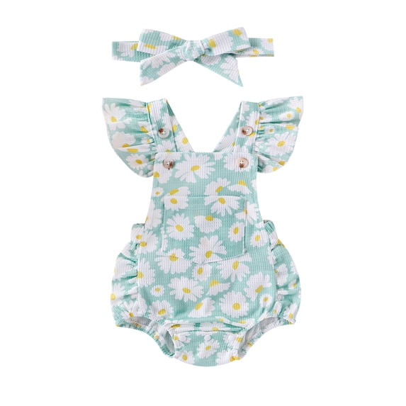 Nygoyerh Baby Girls Newborn Infant 3 6 9 12 18M Romper Waffle Daisy Print Jumpsuit Flying Sleeve Playwear U Neck Outfit with Headband Toddler Girl Clothing for Summer