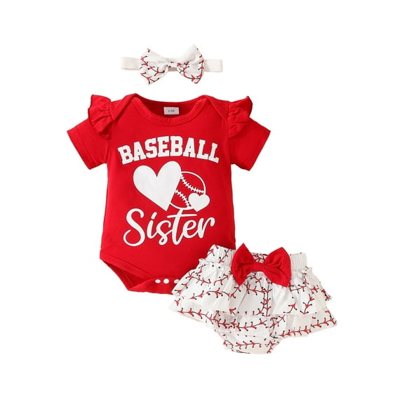 Nygoyerh Baby Girls Summer Baseball Outfit 0-18M Short Sleeve Letter Print Romper + Layered Hem Shorts + Headband 3Pcs Newborn Infant Cute Shorts Sets for Casual Daily