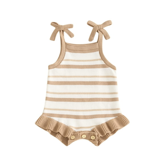 Nygoyerh Baby Girls Summer Bow Strap Romper Sleeveless Striped Print Ruffle Trim Jumpsuit Newborn Infant Cute Bodysuit for Casual Daily 3M 6M 12M 18M