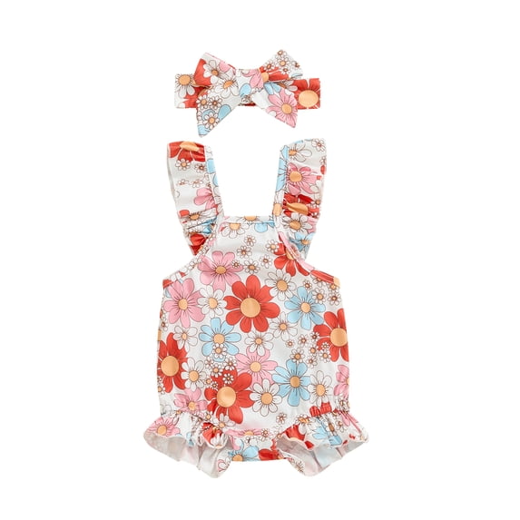 Nygoyerh Baby Girls Summer Cute Romper Floral/Strawberry Print Flying Sleeve Jumpsuit with Bow Headband Infant Toddler Sweet Bodysuit for Casual Daily 3M 6M 9M 12M 18M 24M