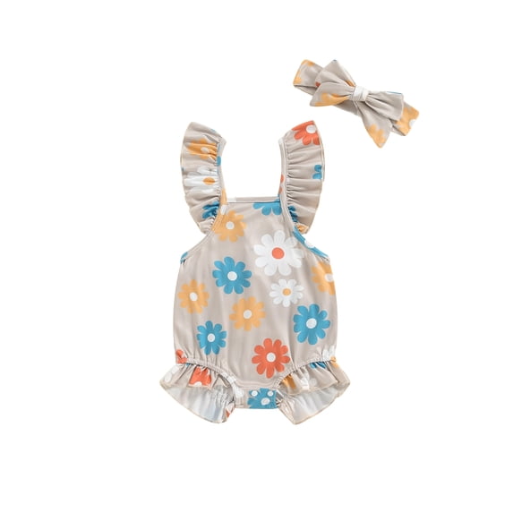 Nygoyerh Baby Girls Summer Cute Romper Floral/Strawberry Print Flying Sleeve Jumpsuit with Bow Headband Infant Toddler Sweet Bodysuit for Casual Daily 3M 6M 9M 12M 18M 24M