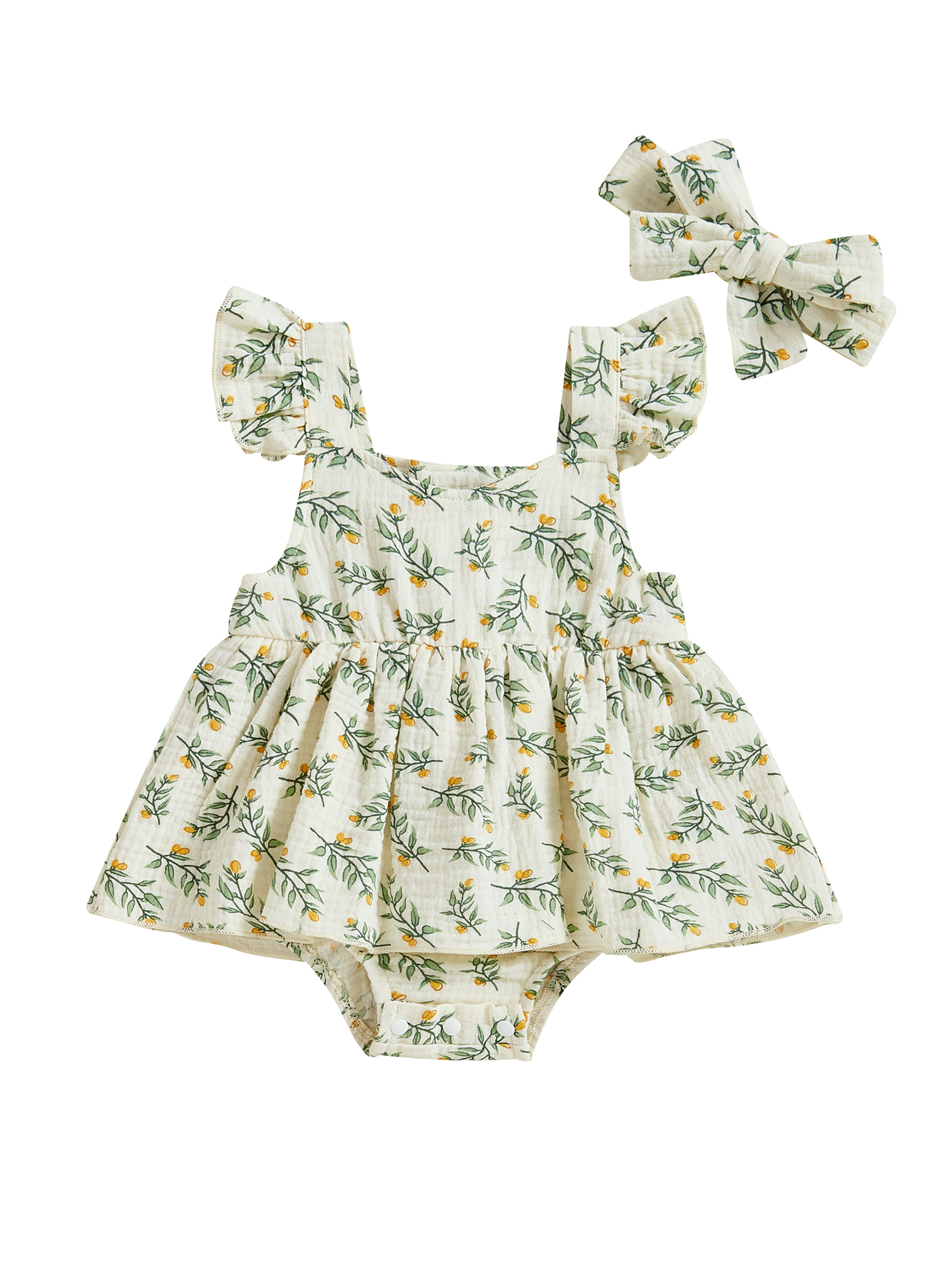 Infant Girls Autumn Skirt Outfit Set – Flying Sleeve Romper, Bee Embroidery Dress & Headband, 3-Piece Set For 0-18 Months