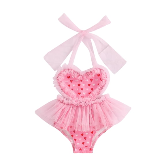 Nygoyerh Baby Girls Summer Romper Dresses Halter Neck Sleeveless Tulle Hem Heart Print Cute Fashion Comfortable Bodysuit Princess Dresses Infant Clothing 0M 3M 6M 9M 12M 18M
