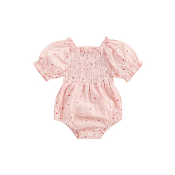 Nygoyerh Baby Girls Summer Romper Floral Print Short Puff Sleeve Smocked Jumpsuit Infant Toddler Sweet Off Shoulder Bodysuit for Casual Daily 6M 12M 18M 24M