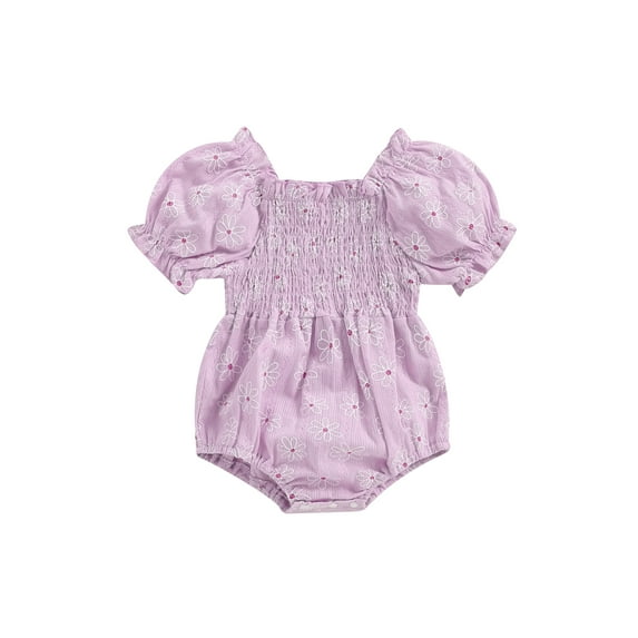 Nygoyerh Baby Girls Summer Romper Floral Print Short Puff Sleeve Smocked Jumpsuit Infant Toddler Sweet Off Shoulder Bodysuit for Casual Daily 6M 12M 18M 24M