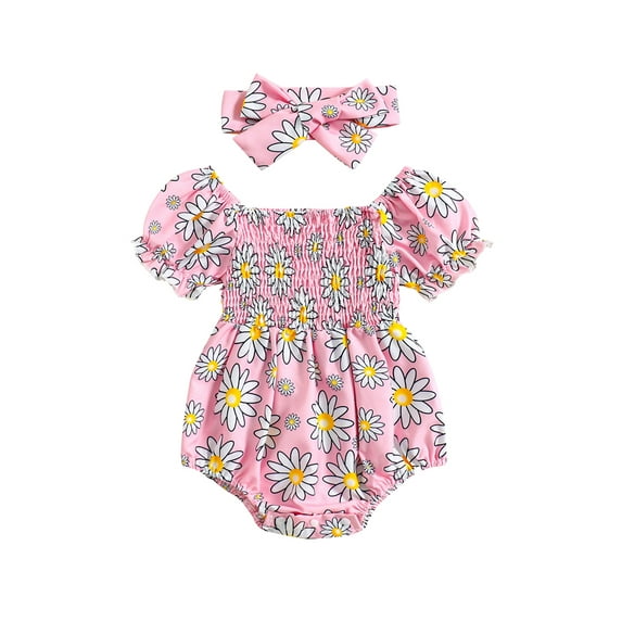 Nygoyerh Baby Girls Summer Romper Floral Print Short Sleeve Ruched Jumpsuit Newborn Infant Cute Bodysuit with Bow Headband for Casual Daily 6M 12M 18M 24M