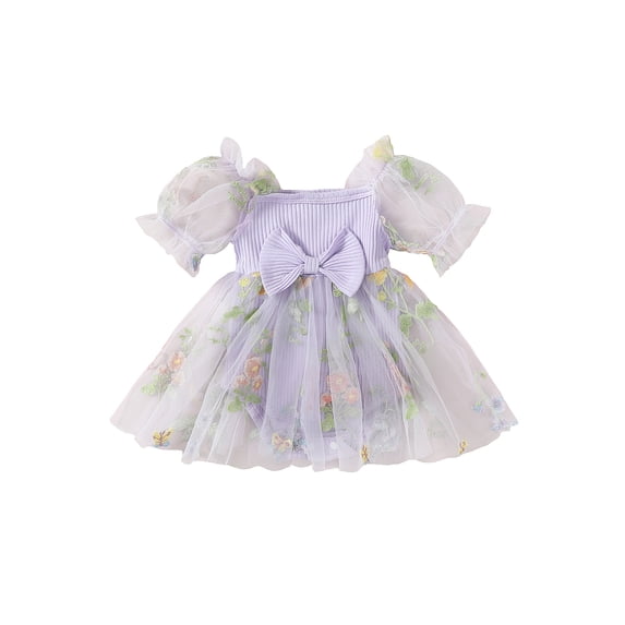 Nygoyerh Baby Girls Sweet Romper Dress Short Puff Sleeve Bow Front Floral Embroidered Tulle Hem Jumpsuit 3M 6M 12M 18M 24M Infant Toddler Summer A-line Princess Dress