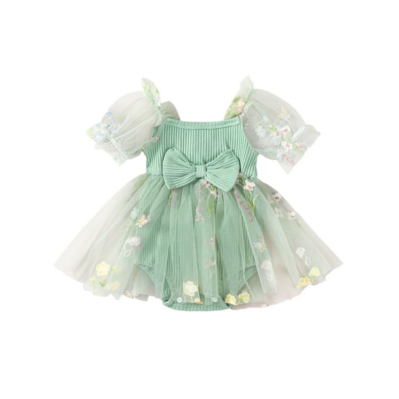 Nygoyerh Baby Girls Sweet Romper Dress Short Puff Sleeve Bow Front Floral Embroidered Tulle Hem Jumpsuit 3M 6M 12M 18M 24M Infant Toddler Summer A-line Princess Dress