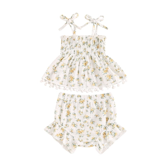 Nygoyerh Baby Girls Sweet Summer Outfits 0-18M Floral Print Sleeveless Tie Strap Tank Tops + Ruffle Shorts 2Pcs Infant Toddler Cute Shorts Sets for Daily Vacation