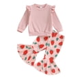 thumbnail image 1 of Nygoyerh Little Girls Outfit 6M 9M 12M 18M 24M 3T 4T Flying Sleeve Crew Neck Tops + Floral/Butterfly/Strawberry Print Flared Pants 2PCS Sets Baby Clothing, 1 of 7