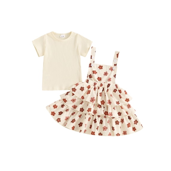 Nygoyerh Little Girls Sweet Summer Outfits Toddler Short Sleeve Ribbed T-shirt + Flower Layered Suspender Skirt 2Pcs 18M 24M 3T 4T 5T 6T Kids Cute Overall Skirts Sets