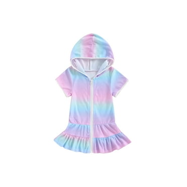 Nygoyerh Little Girls Swimsuit Cover up Rainbow Print Short Sleeve Zipper Hooded Beach Dress Toddler Kids Cute Rash Guards Ruffle Hem Summer Bathing Suit 1T-8T