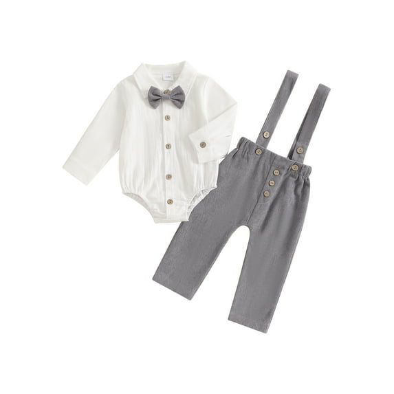 Nygoyerh Newborn Baby Boys Set Button-up Bow Tie Long Sleeve Lapel Neck Romper Corduroy Long Overall Pants 2PCS Set Fall Cute Infant Clothing for 1M 3M 6M 12M 18M