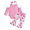 thumbnail image 1 of Nygoyerh Newborn Baby Girls 3PCS Fall Outfit 3M 6M 12M 18M Ribbed Halterneck Long Sleeve Romper with Floral Pattern Flare Pants and Headband Set Infant Clothing, 1 of 1