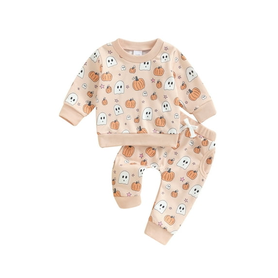 Nygoyerh Newborn Baby Girls Boys Halloween Outfit Cartoon Ghost Print Long Sleeve Round Neck Pullover with Elastic Waist Pants 2PCS Set Fall Infant Clothing for 1M-13T