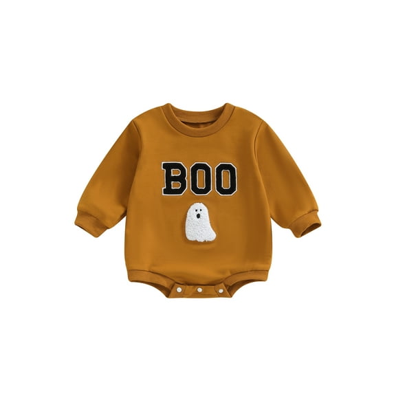 Nygoyerh Newborn Baby Girls Halloween Costume Romper 3M 6M 12M 18M Long Sleeve Letters Ghost Print Jumpsuit Crew Neck Sweatshirt Infant Clothing