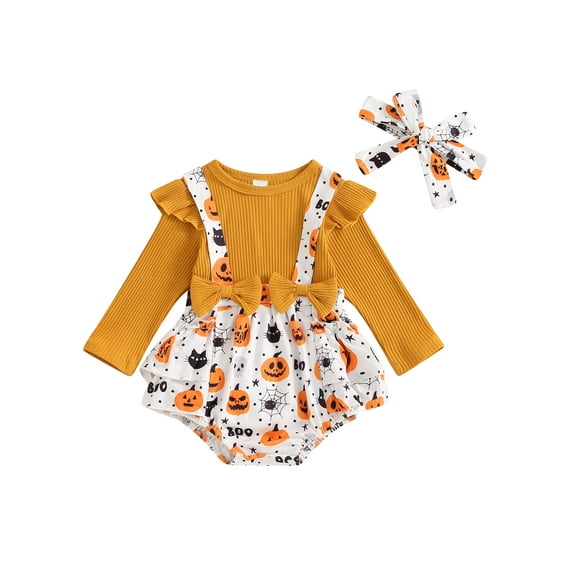 Nygoyerh Newborn Baby Girls Halloween Romper Cute Long Sleeve Pumpkin Embroidery Ruffle Jumpsuit with Headband 2PCS Set Infant Clothing for Fall 3M 6M 9M 12M 18M 24M