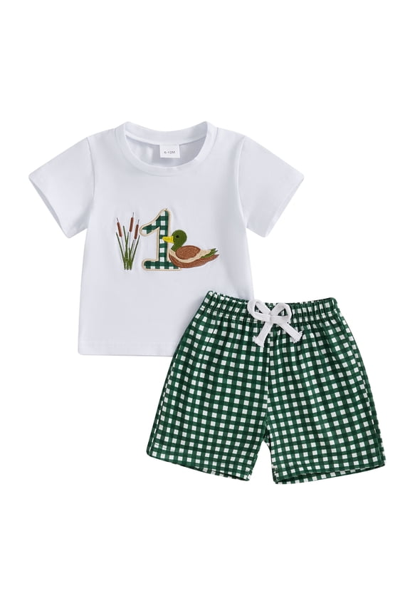 Newborn Boys Birthday Outfit Duck Letter Embroidery Short Sleeve Tops and Plaid Shorts 2 Pcs Summer Set Infant Clothing 6M 9M 12M 18M