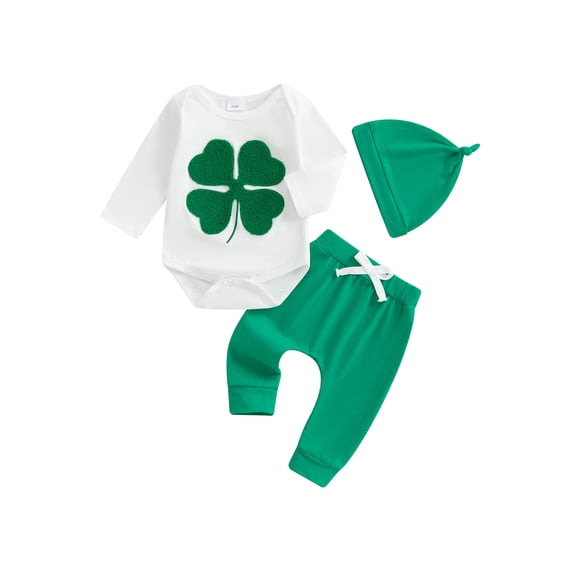Nygoyerh Newborn Boys Ireland Outfits Clover Embroidered Round Neck Long Sleeve Rompers   Long Pants   Hat 3Pcs Clothes Set Infant Clothing 0M 3M 6M 9M 12M 18M