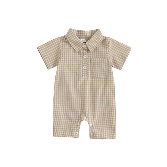 Nygoyerh Newborn Boys Summer Plaid Jumpsuit Short Sleeve Turn Down Collar Button Up Casual Romper Infant Clothing 0M 3M 6M 9M 12M 18M