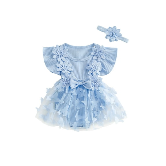 Nygoyerh Newborn Girls 2Pcs Summer Outfits Ruffle Sleeve 3D Flower Romper Tulle Dresses with Headband Baby Set Infant Infant Clothes 1M 3M 6M 9M 12M 18M