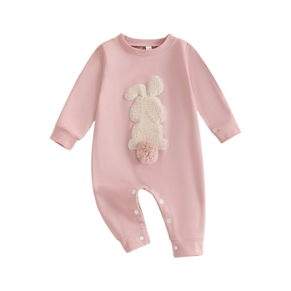 Nygoyerh Newborn Girls Boys Easter Rompers Plush Bunny Embroidery Fur Ball Design Crew Neck Long Sleeve Spring Infant Jumpsuit Infant Clothing 0M 3M 6M 9M 12M 18M