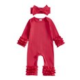thumbnail image 1 of Nygoyerh Newborn Girls Fall Romper Solid Color Ribbed Ruffled Long Sleeve Crew Neck Full Length Jumpsuit with Bow Headband Sets 0M 3M 6M 9M, 1 of 7