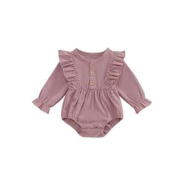 Nygoyerh Newborn Girls Spring Autumn Romper Long Sleeve Crew Neck Solid Color Button Romper Infant Clothing 0M 3M 6M 9M 12M 18M