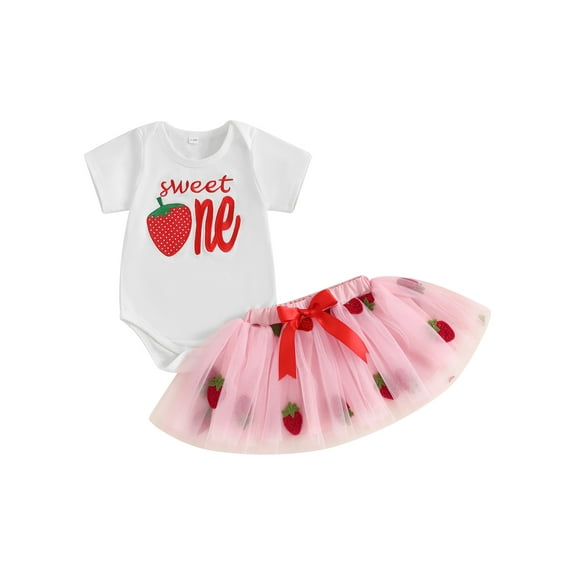 Nygoyerh Newborn Girls Strawberry First Birthday Outfit Letter Embroidery Short Sleeve Romper Bow Tulle Skirt 2 Pcs Set Infant Clothing 6M 9M 12M 18M