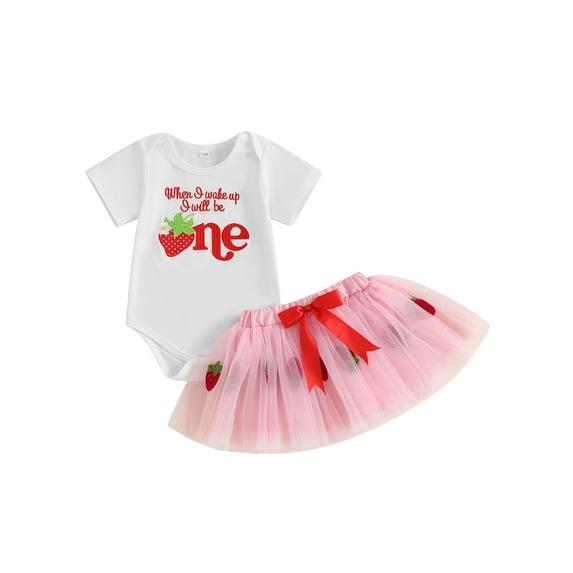 Nygoyerh Newborn Girls Strawberry First Birthday Outfit Letter Embroidery Short Sleeve Romper Bow Tulle Skirt 2 Pcs Set Infant Clothing 6M 9M 12M 18M