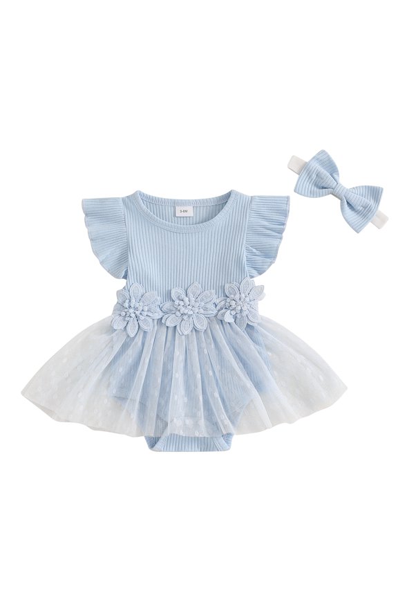 Newborn Girls Summer Romper with Mesh Skirt Short Sleeve Crew Neck Flower Patch Solid Color Cute Jumpsuit with Bow Headband Sets Infant Clothing 0M 3M 6M 9M 12M 18M