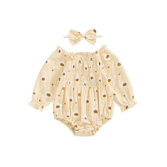 Nygoyerh Newborn Infant Baby Girl 3 6 12 18 Outfits Flower Print Bodysuits Long Ruffle Sleeve Romper with Headband Toddler Girl 2 Piece Set for Fall