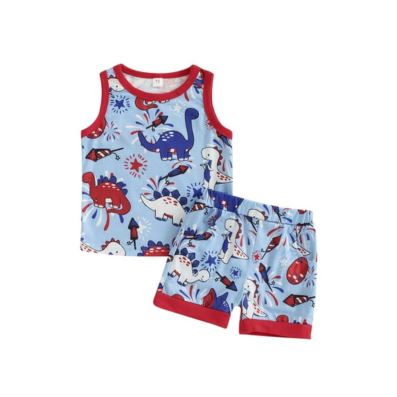 Nygoyerh Toddler Baby Boys 4th of July Shorts Sets Dinosaur Print Sleeveless Tank Tops with Elastic Waist Shorts 0-3T Infant Summer Outfit for Independence Day
