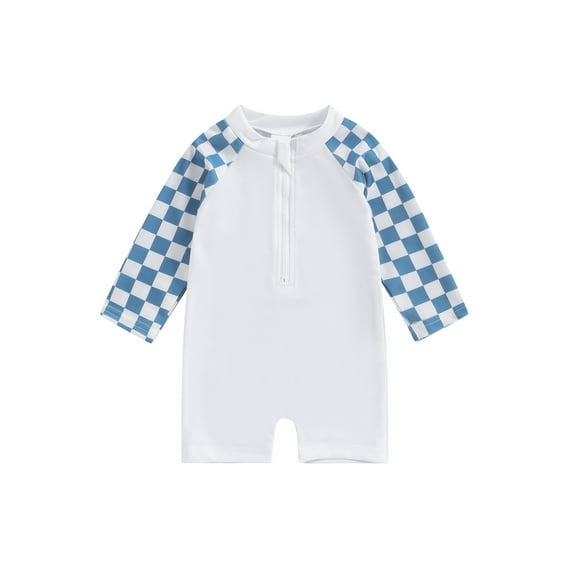 Nygoyerh Toddler Baby Boys One Piece Swimsuit Checkerboard Long Sleeve Zipper Jumpsuit Swimwear 3M 6M 12M 2T 3T 4T Kids Casual Summer Bathing Suit Beach Wear