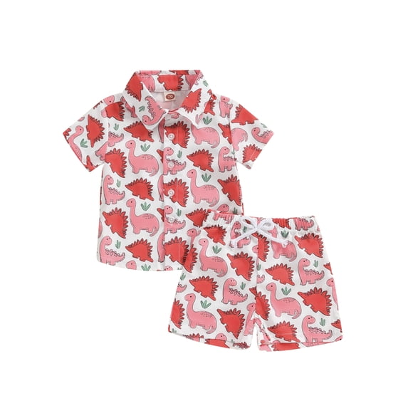 Nygoyerh Toddler Baby Boys Summer Casual Outfits Dinosaur Print Short Sleeve Button Shirt with Drawstring Shorts 2Pcs Infant Cute Shorts Sets for Daily Vacation 0-3 Years