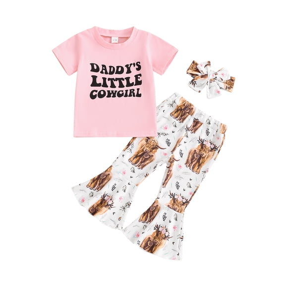 Nygoyerh Toddler Baby Girls Casual Long Pants Sets 6M-4T Short Sleeve Letter Print T-shirt + Floral Print Flared Pants + Headband 3Pcs Kids Cute Summer Outfits