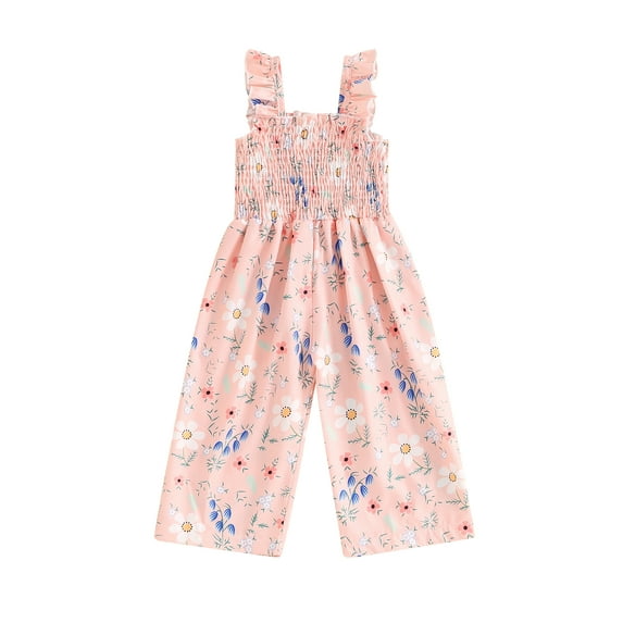 Nygoyerh Toddler Baby Girls Summer Overalls Sleeveless Floral Print Wide Leg Romper Pants Kids Cute Ruched Ruffled Suspender Jumpsuit for Daily Party Vacation 6M-4T