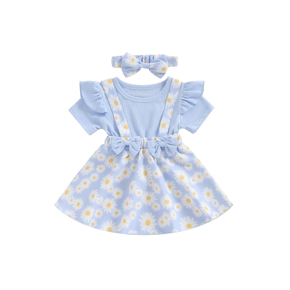Nygoyerh Toddler Baby Girls Summer Sweet Dress Short Sleeve Flower Print Bow Patchwork A-line Dress Kids Casual Princess Dress with Headband Cute Fashion Outfit 6M-4T