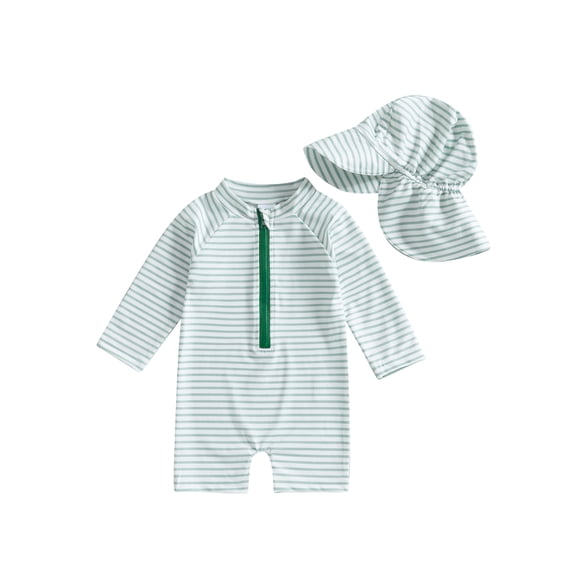 Nygoyerh Toddler Boys Girls Rash Guard Swimsuit with Hat 2 Pcs Set Striped Pattern Zip Up Long Sleeve Crew Neck Baby Swimwears Infant Clothing 0M 3M 6M 9M 12M 18M 2T 3T
